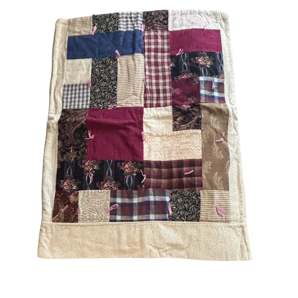 Handmade Flannel Patchwork Pillowcase Cream Blue Plaid Floral Country Farmhouse